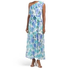 Dalia McPhee one shoulder ruffle floral chiffon maxi dress elastic waist blue